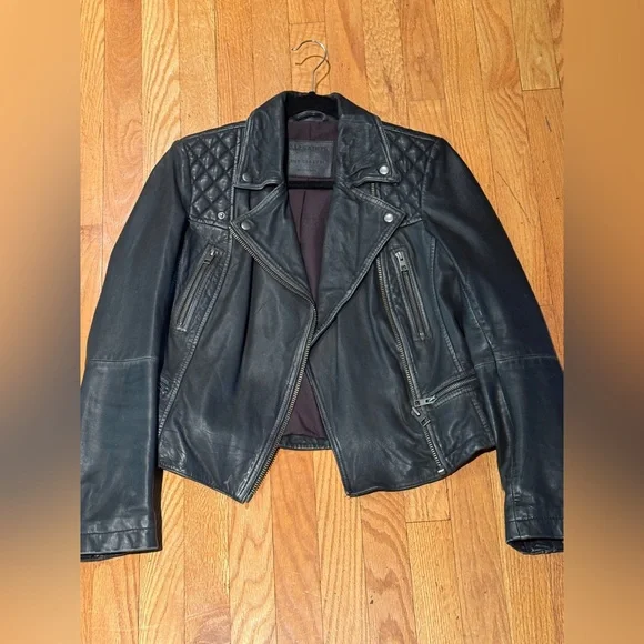 All Saints Cargo Black Leather Motorcycle Jacket - Picture 2 of 16